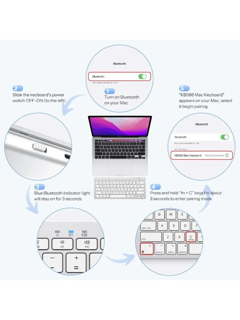 Wireless Bluetooth Keyboard for Mac, USB-C Rechargeable, Slim Design, Portable